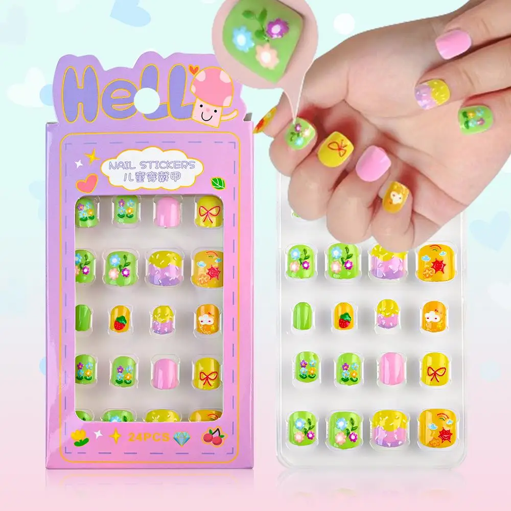 

24 шт./кор. Kawaii детские накладные ногти, короткие квадратные накладные ногти, носимые, с полным покрытием, накладные ногти для детей, девочек, рождественские подарки 1