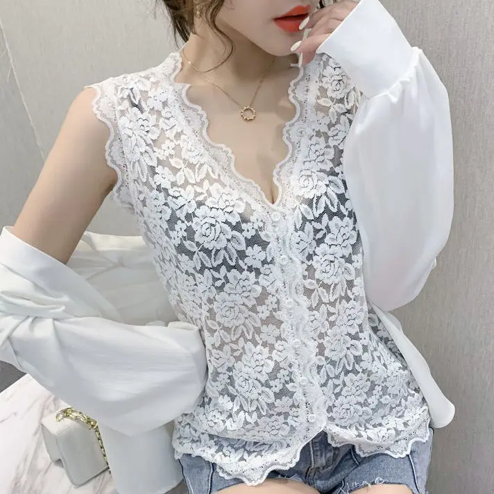 V-neck Lace Camisole Women\'s Summer New Sexy Inner Wear Hollow Bottoming Shirt Sleeveless Mesh Top Outerwear Tank Top