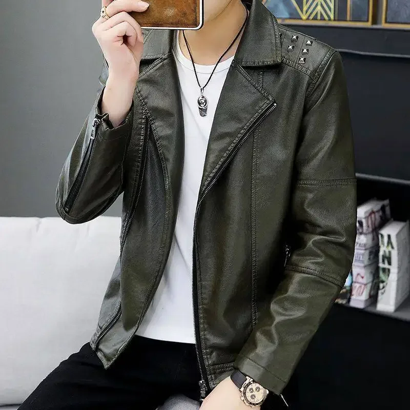 Fashion Lapel Casual PU Leather Coat Men Autumn Winter New Men Loose Large Size Fleece-Lined Slim Fit Biker Leather Jacket