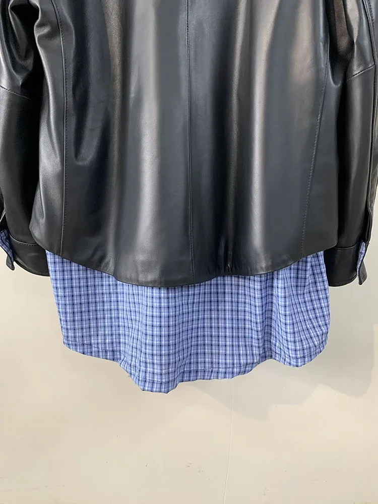 مكتب السيدات المرقعة اللون التلبيب سترة جلدية حقيقية فضفاضة واحدة الصدر جيب طويلة الأكمام ملابس خارجية من جلد الغنم