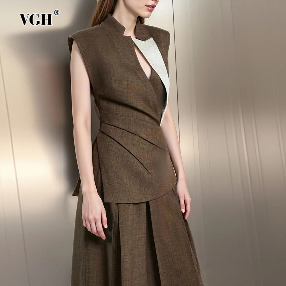 

VGH Hit Color Slimming Elegant Jackets For Women Stand Collar Sleeveless High Waist Temperament Jacket Female Fashion Style New