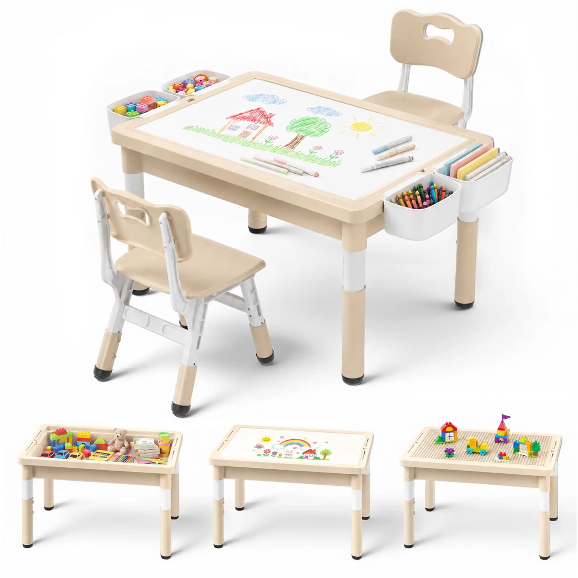 4-in-1 Table and 2 Chairs Set, Reversible Tabletop, Khaki