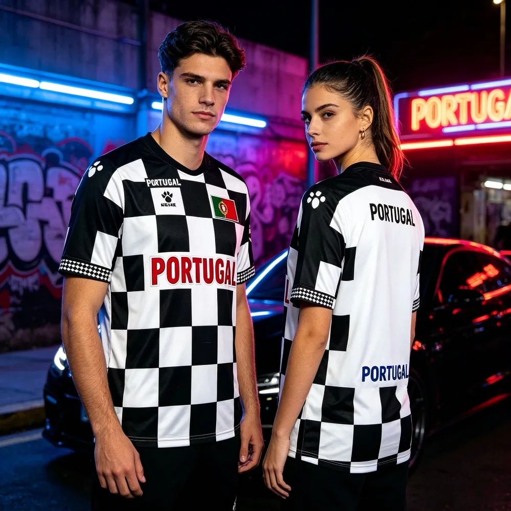 Kelme Boavista Men Women Soccer Jersey Black White Checkered Short Sleeve Couple Street Hip‑Hop Sport Uniform T-shirt Summer