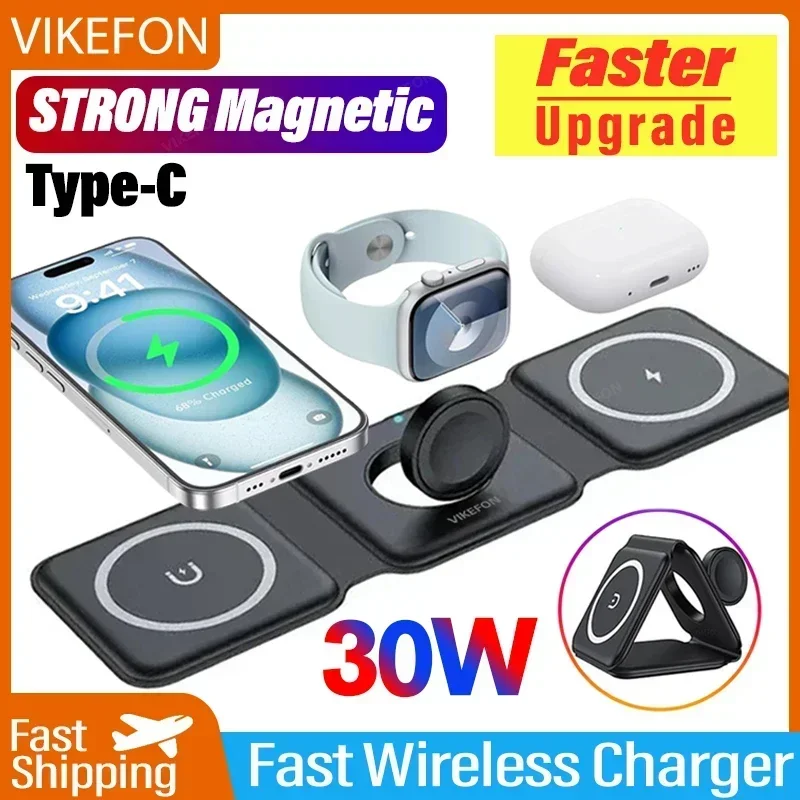 VIKEFON 3 In 1 Magnetic Wireless Charger Pad Stand Foldable for iPhone 15 14 13 12 Apple AirPods 30W Fast Charging Dock Station