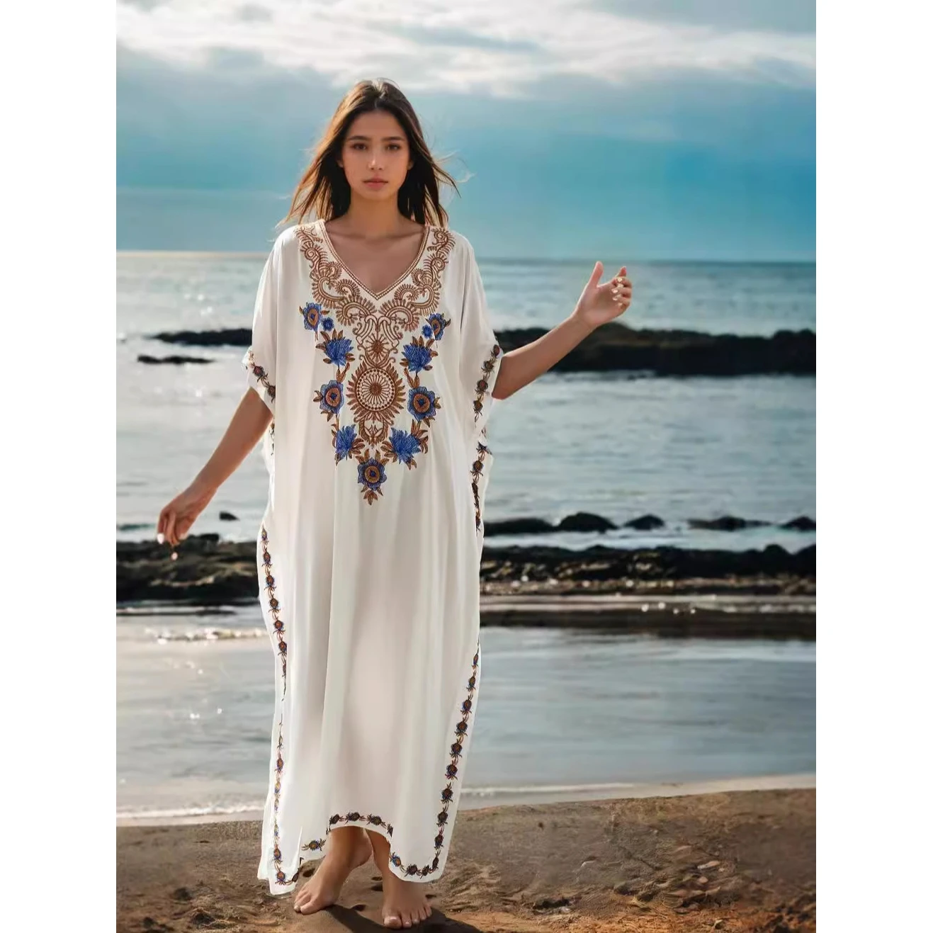 

Пляжное парео Dr New Sle из хлопка с вышивкой, длинный халат, пляжный солнцезащитный халат Dr Commute Sle, свободный крой, тонкий материал