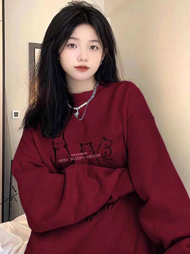 Burgundy Round Neck Sweatshirt for Women 2024 Spring & Fall Thin Lazy Style Oversize American Retro Hooded Top