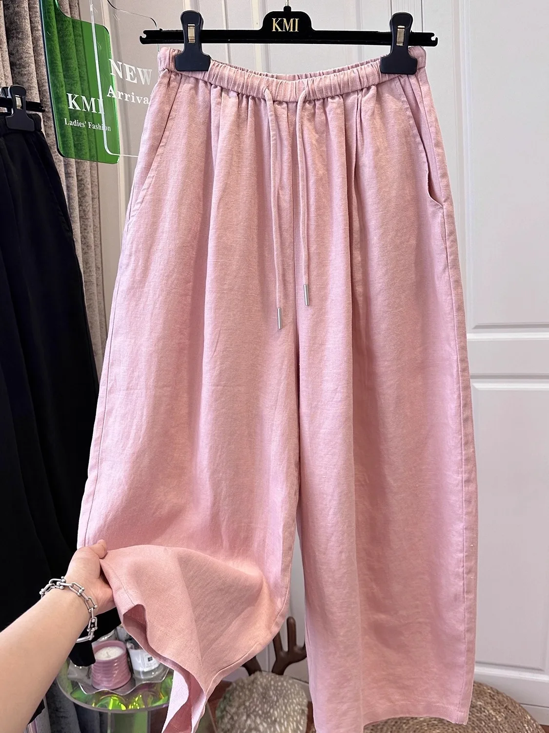 

Широкие брюки-баллоны унисекс из хлопка и льна, очень большие, 300 г/м², летние, тонкие, свободные, с эластичным поясом, модные, 2-я модель