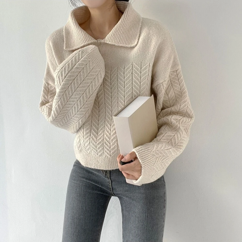 REALEFT Jesienno-zimowe grube swetry damskie z zamkiem błyskawicznym i wykładanym kołnierzem, nowość 2025, dzianinowe luźne pulowery z długim rękawem, damskie