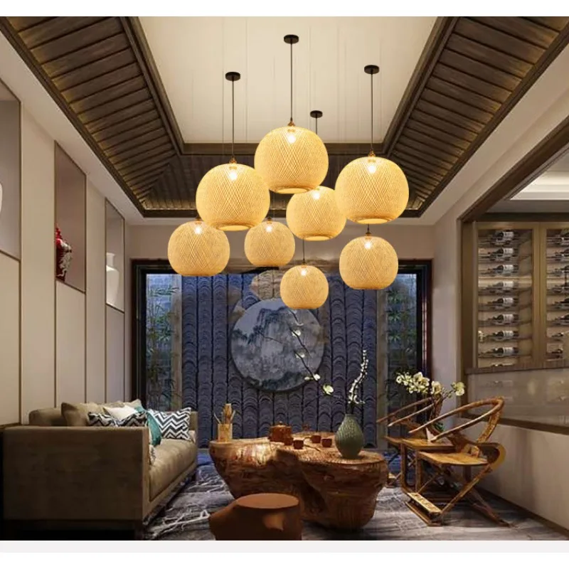 

Светодиодный подвесной светильник, потолочная люстра, бамбуковые тканые светильники для гостиной, столовой, ручной работы, современное искусство, абажур из ротанга, ресторан