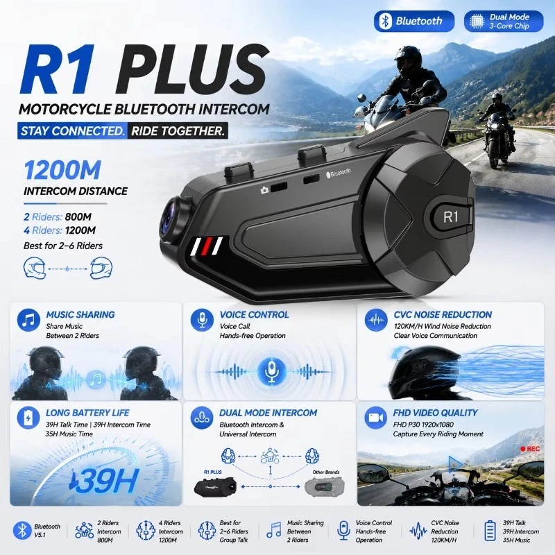 FreedConn R1-plus WIFI Recorder Built-in FM Radio ABS 1080P Six People Talking GPS Mobile Phone Connecting Motorcycle Intercom