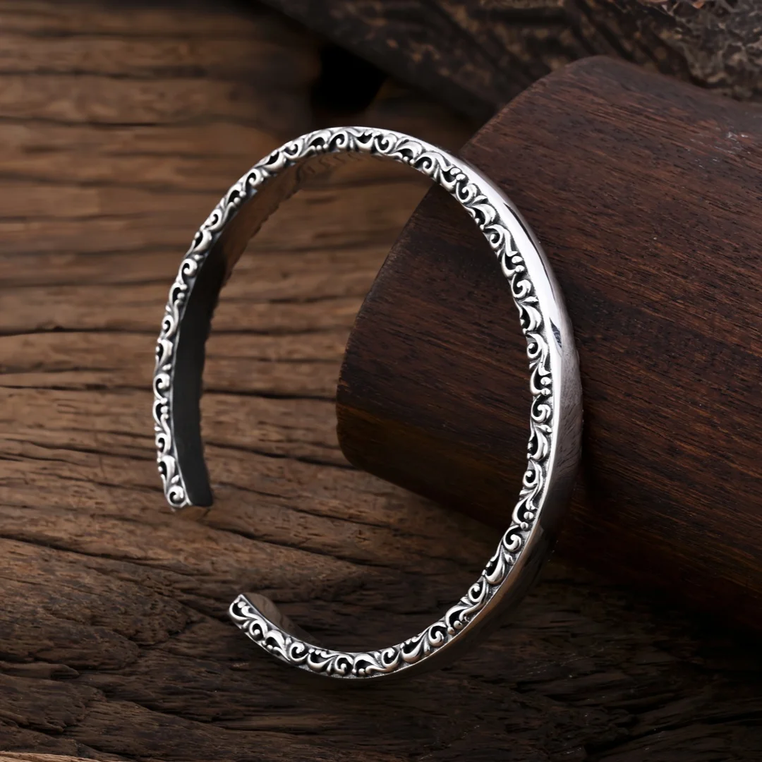 BOCAI  S925 Sterling Silver Charms Bangle for Men Women Antique Relief Eternal Rattan Pattern Punk Bracelet Fine Choice Jewelry