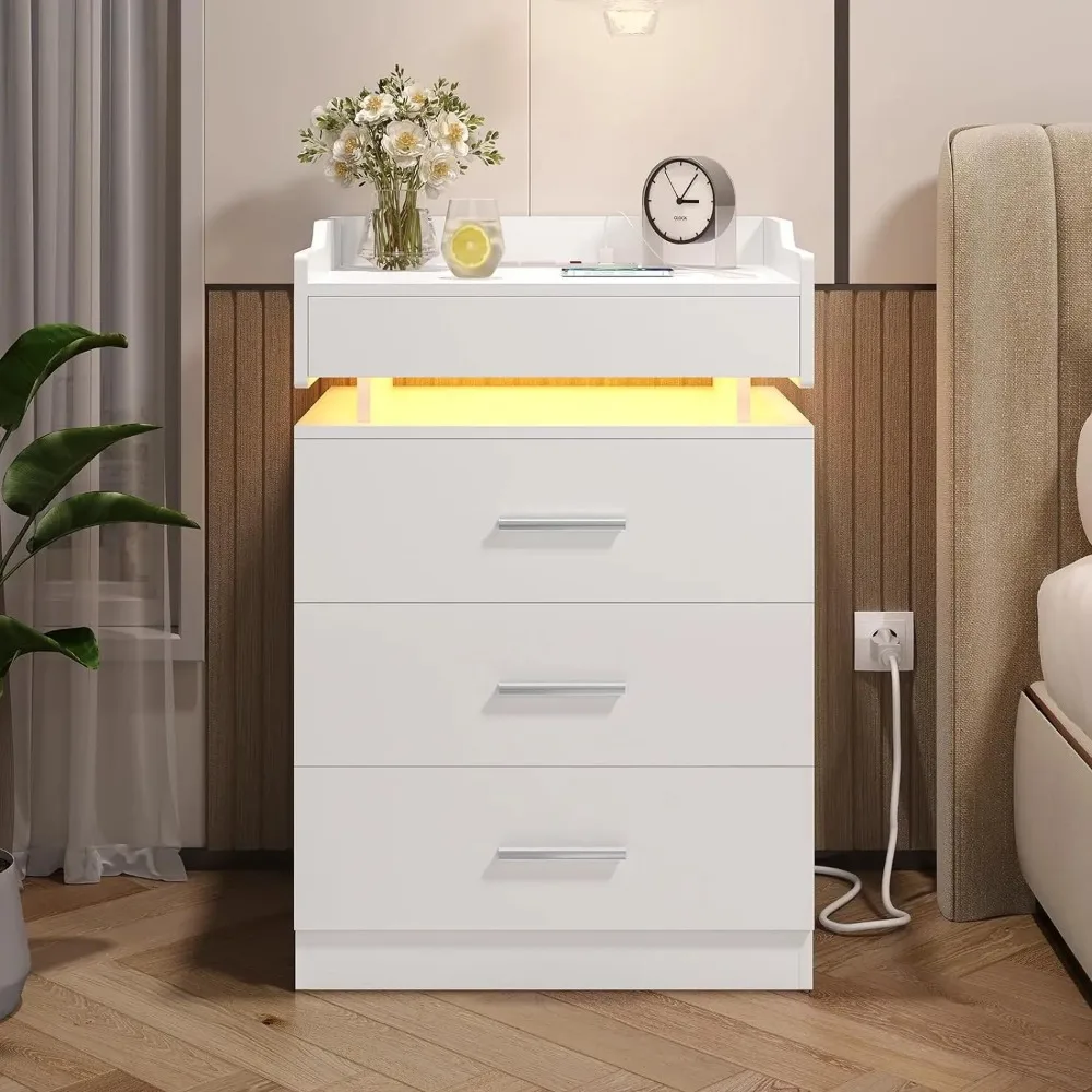 Large Nightstand with Charging Station and LED Lights, White Night Stand with 3 Drawers and 1 Pull-Out Tray Modern Bedside Table