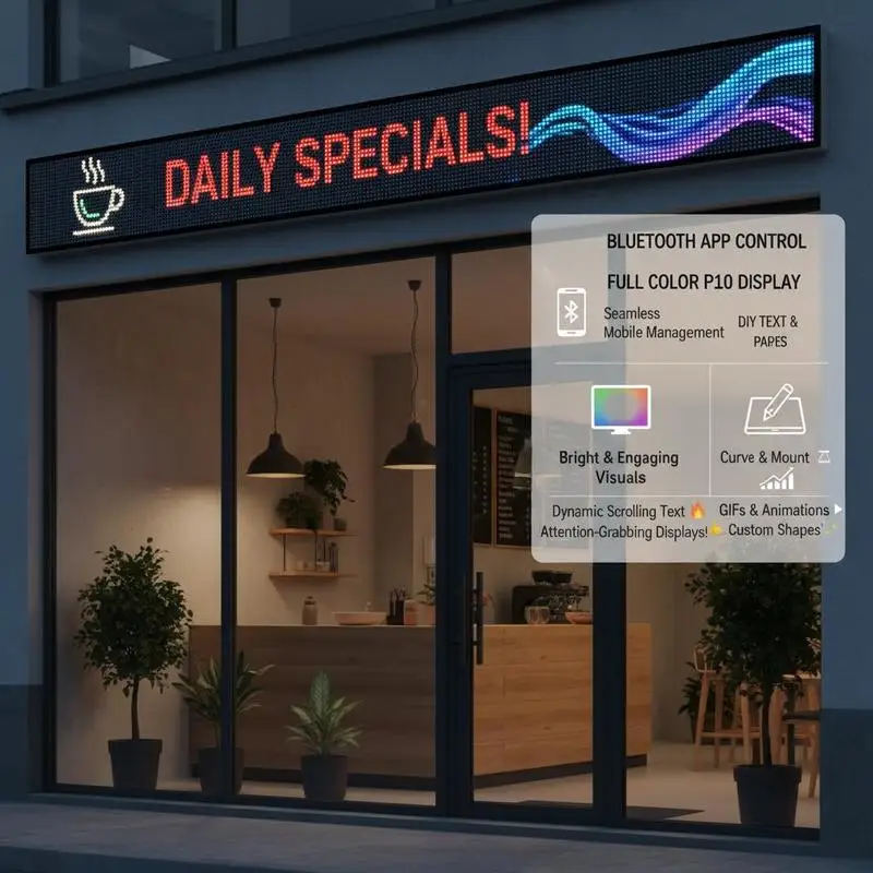 Enseigne lumineuse LED programmable 99x19 cm, écran couleur P10, prend en charge le texte personnalisé et les motifs GIF, contrôle Bluetooth, idéale pour la publicité et l'information