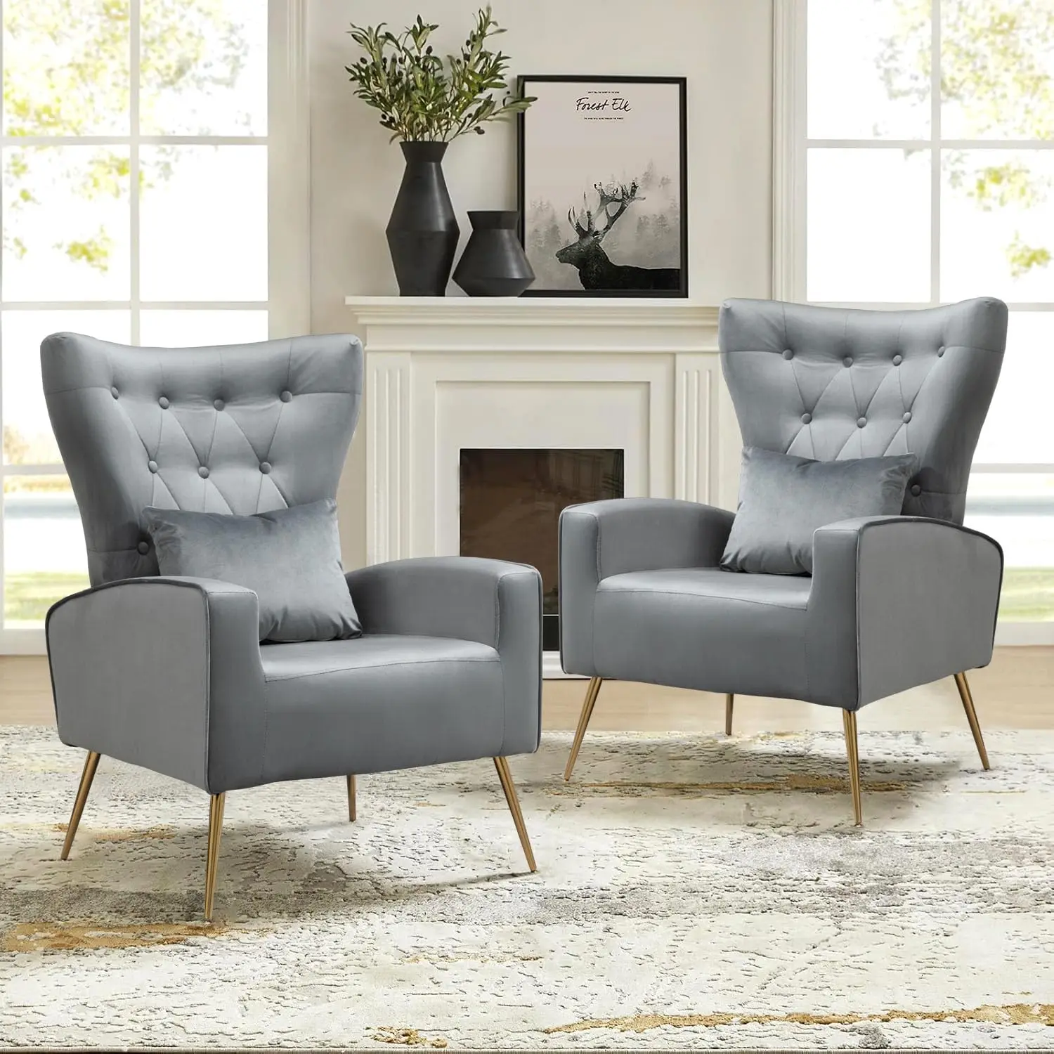 Velvet Wingback Armchair Set of 2, Mid-Century Chair with Lumbar Pillow for Living Room Bedroom Office, Tufted, Customized