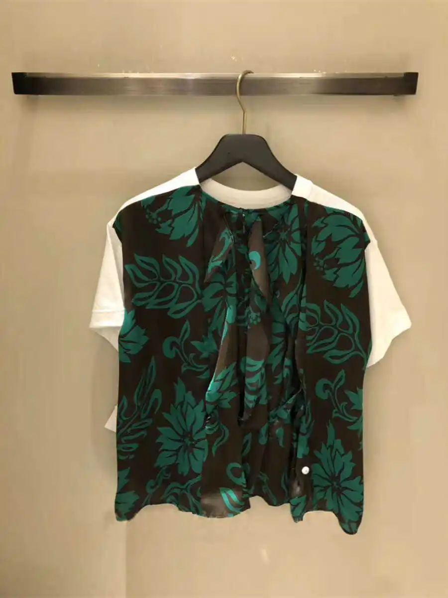 SAC Japanese 2026summer splicing pocket back printed pleated cotton T-shirt short-sleeved top