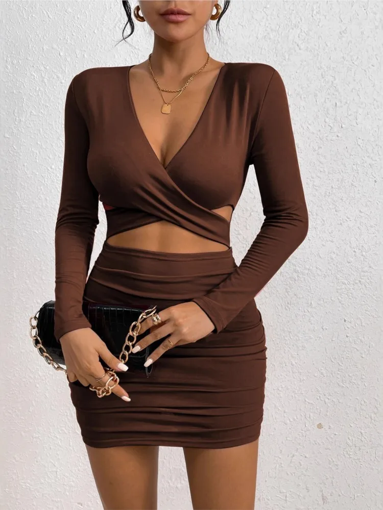

Spring Summer Long-sleeved Dress With Exposed Waist Sexy V-neck High Waist Hip Frock Women's Solid Color Short Dress Ropa Mujer