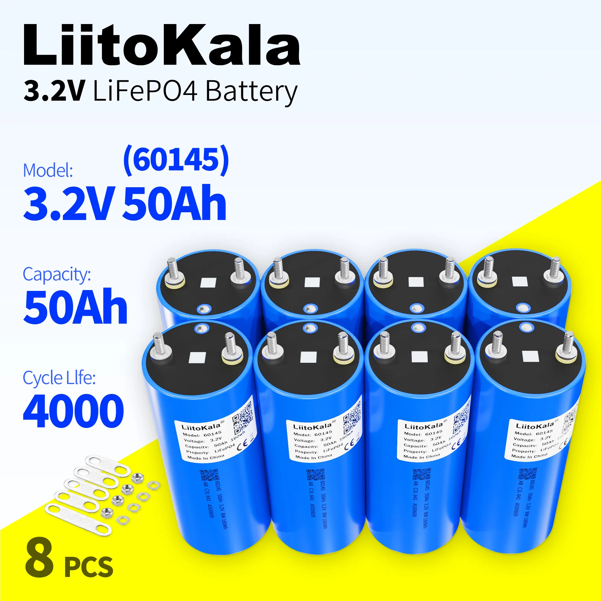 Liitokala 3.2V 50Ah LiFePO4 Battery 60145 Lithium Iron Phosphate for Off-Grid Solar Energy Car Golf Cart Camping 12V 24V