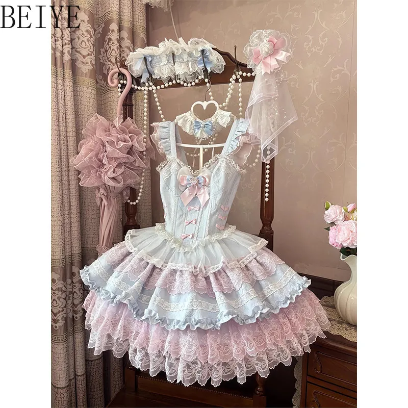 Elegant High Waist Short Dress Lolita Style Cute Blue Pink Birthday Princess Dresses 2026 New Summer Women's Jsk Dress