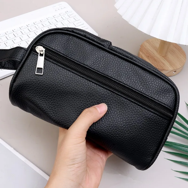 2024 New Litchi Pattern Monochrome Black Business PVC Wash Bag Waterproof Bath Large Capacity Travel Supplies Storage Bag