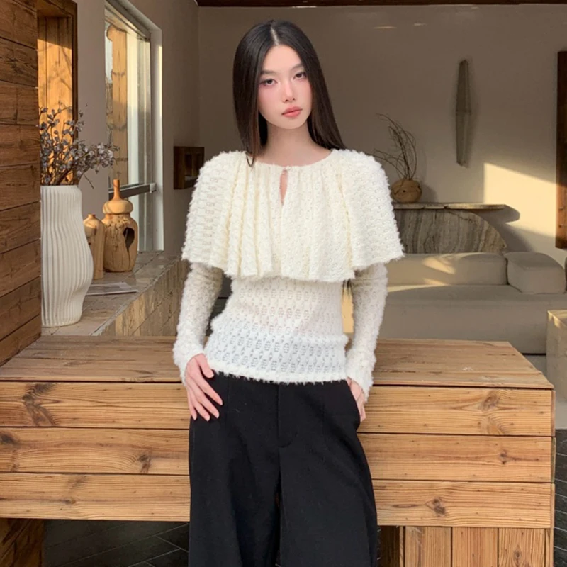 تي شيرت شال أنيق للسيدات بأكمام طويلة بقصة ضيقة على الطراز الكوري بلوزة قصيرة بلون سادة 2026 بلوزات جديدة