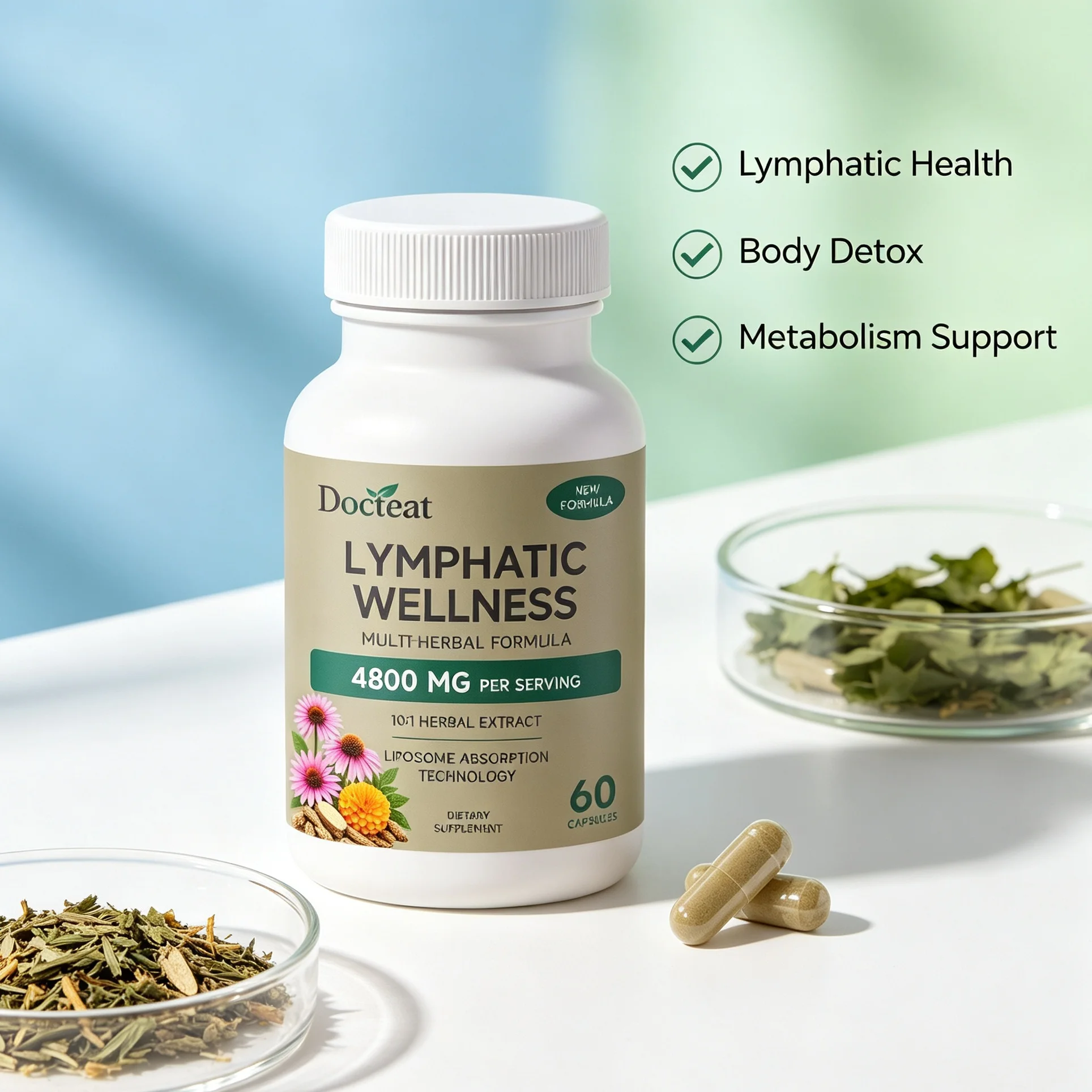 Lymphatic Health Support Capsules, Natural Body Detox Cleanse, Boost Metabolism, Herbal Lymph Drainage Supplement for Men Women