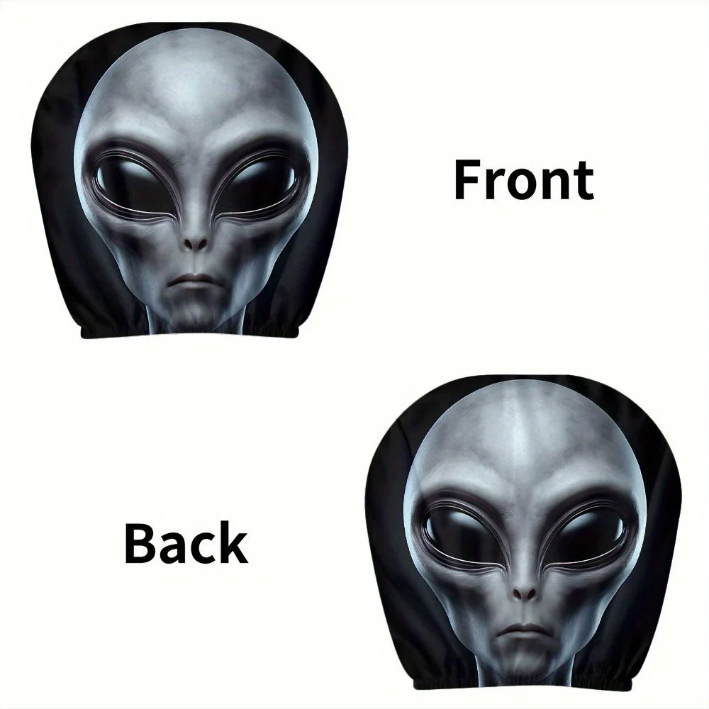 2pcs Mysterious Gray-Skinned Alien Pattern  Headrest Covers All-Weather Use  Printed  Seat Accessories Unfilled,Easy to Install