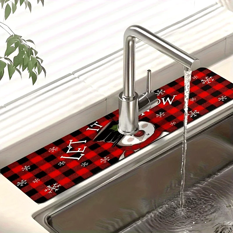 VIKAMA Christmas Faucet Mat Red Black Buffalo Plaid Snowman Let It Snow Sink Splash Pad Kitchen Happy New Year Home Decor