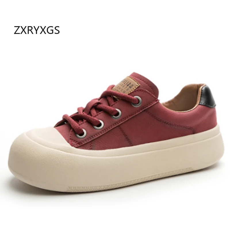 ZXRYXGS 2025 New Trendy Genuine Leather Round Toe Lace-up Spring Summer Sneakers Platform Increase Shoes Women Casual Sneakers