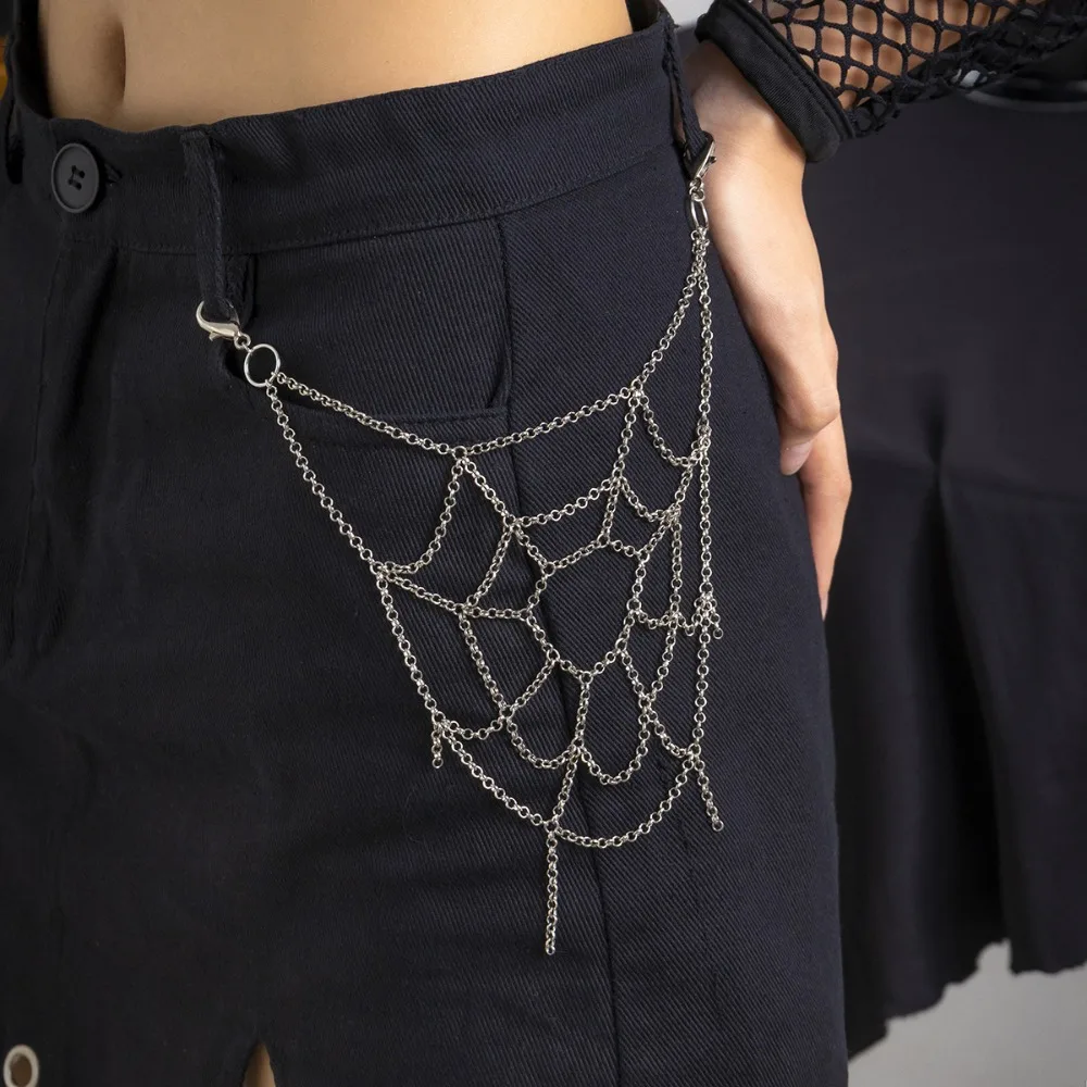 Gothic Punk Sliver Color Spider Web Trouser Chain for Men Women Stage Show Body Clothing Chain Personality Jewelry Accessories