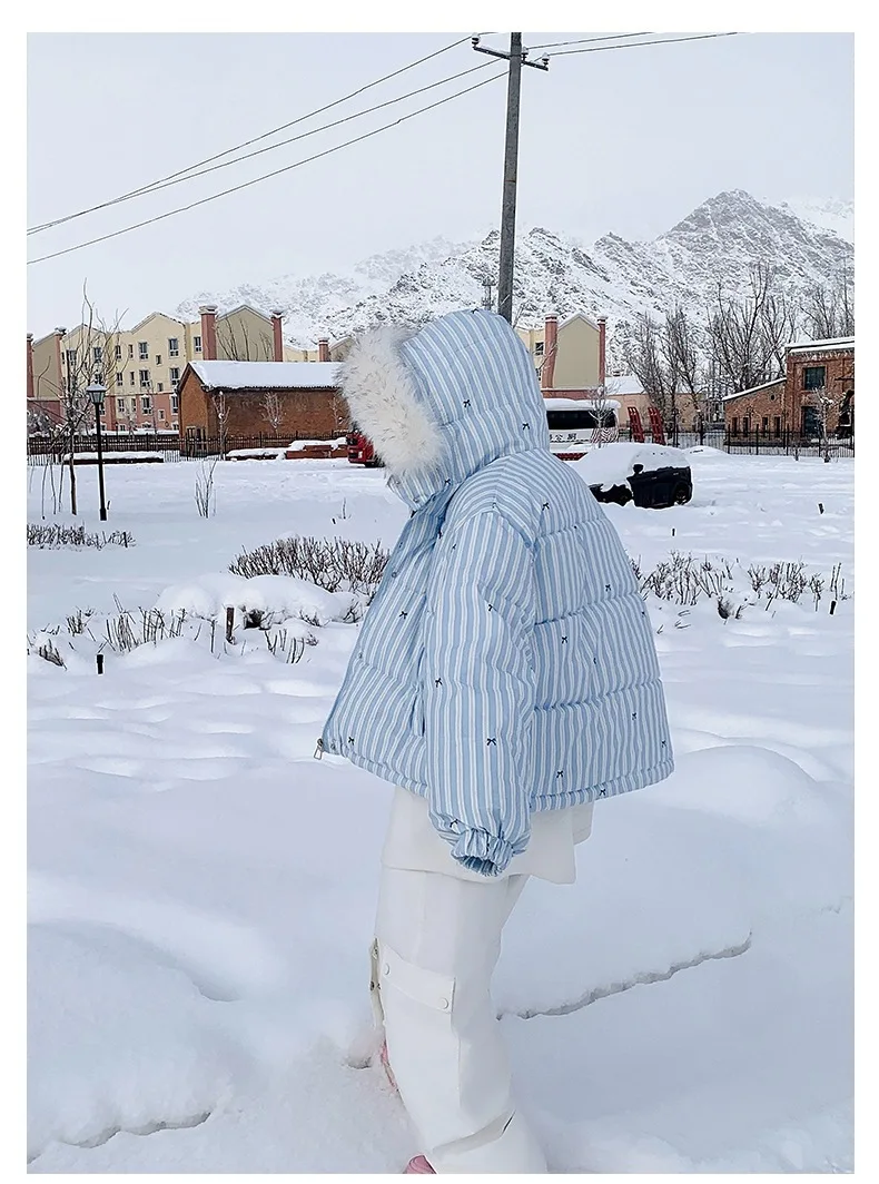 Korean Striped Bow Pattern Cropped Padded Jacket for Women Winter Hooded Coat with Faux Fur Collar Woman Sweet Thick Warm Parkas