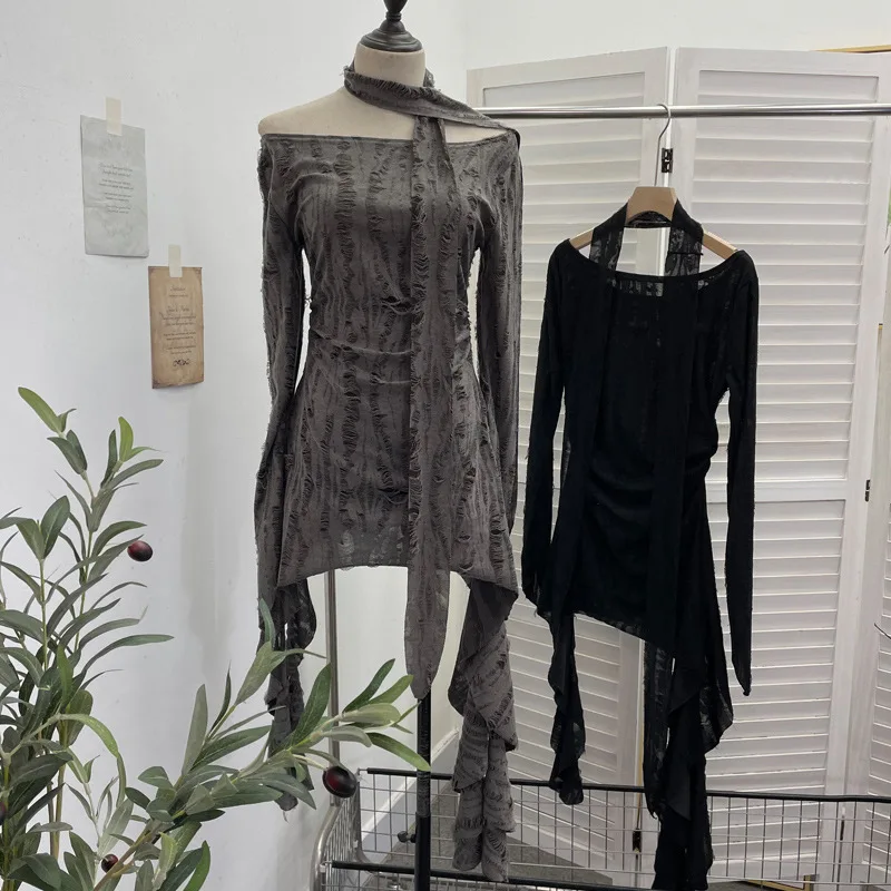 Vintage Dark Wasteland Style Dress Faded Ripped Off Shoulder Hanging Neck Ribbon Long Sleeve Irregular Split T-shirt Dress9295