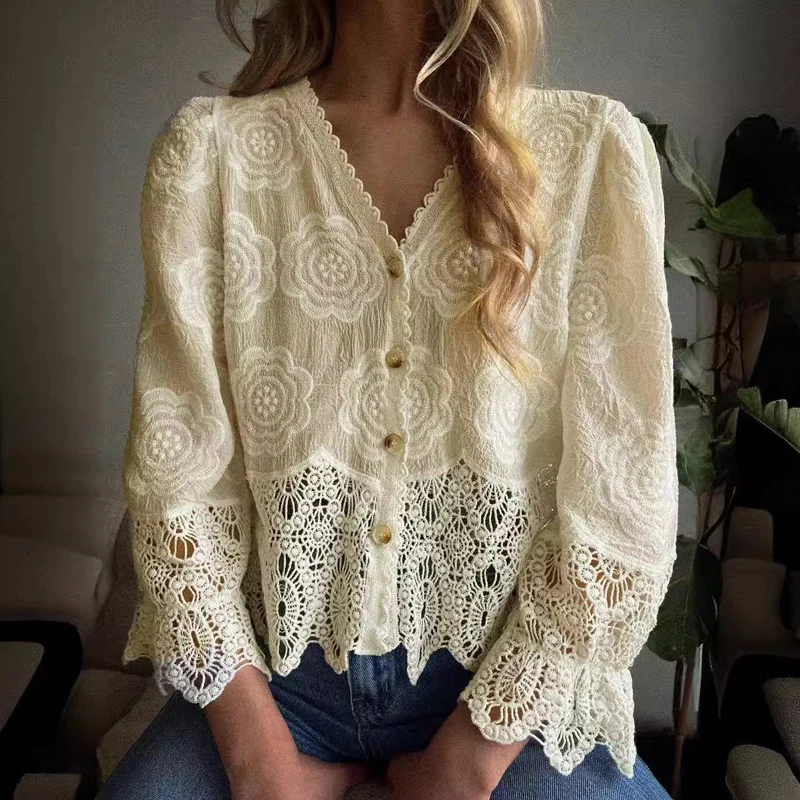 Temperament 2024 Chiffon V-neck Blouse Blusa New Spring Floral Embroidery Long Sleeve Cardigan Women Causal Lace Stitching Tops