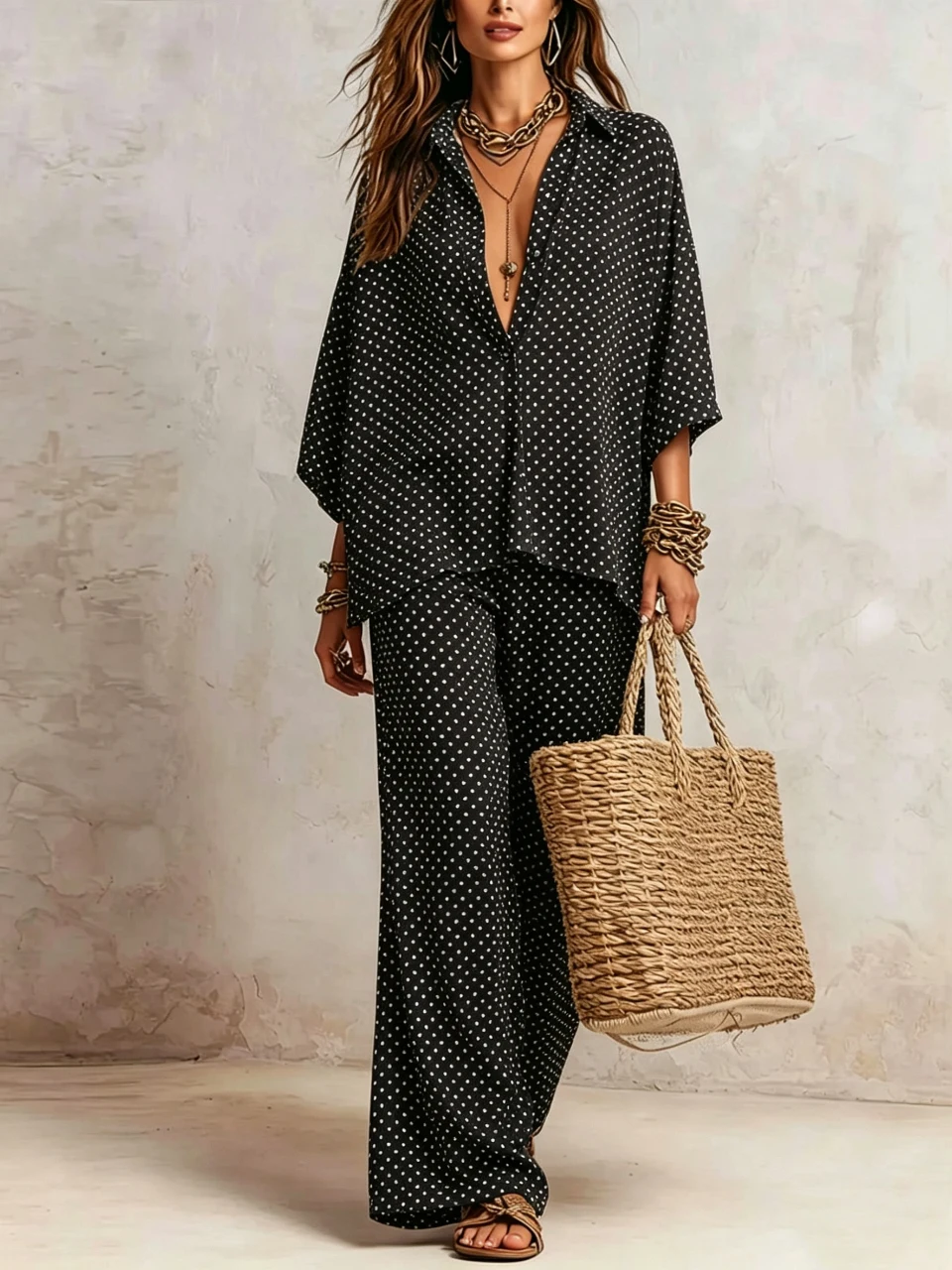 

Polka Dot Print 2 Piece Set Women Summer Lapel 3/4 Sleeve Shirt Top & Wide Leg Pants Streetwear Casual Loose Trousers Suit