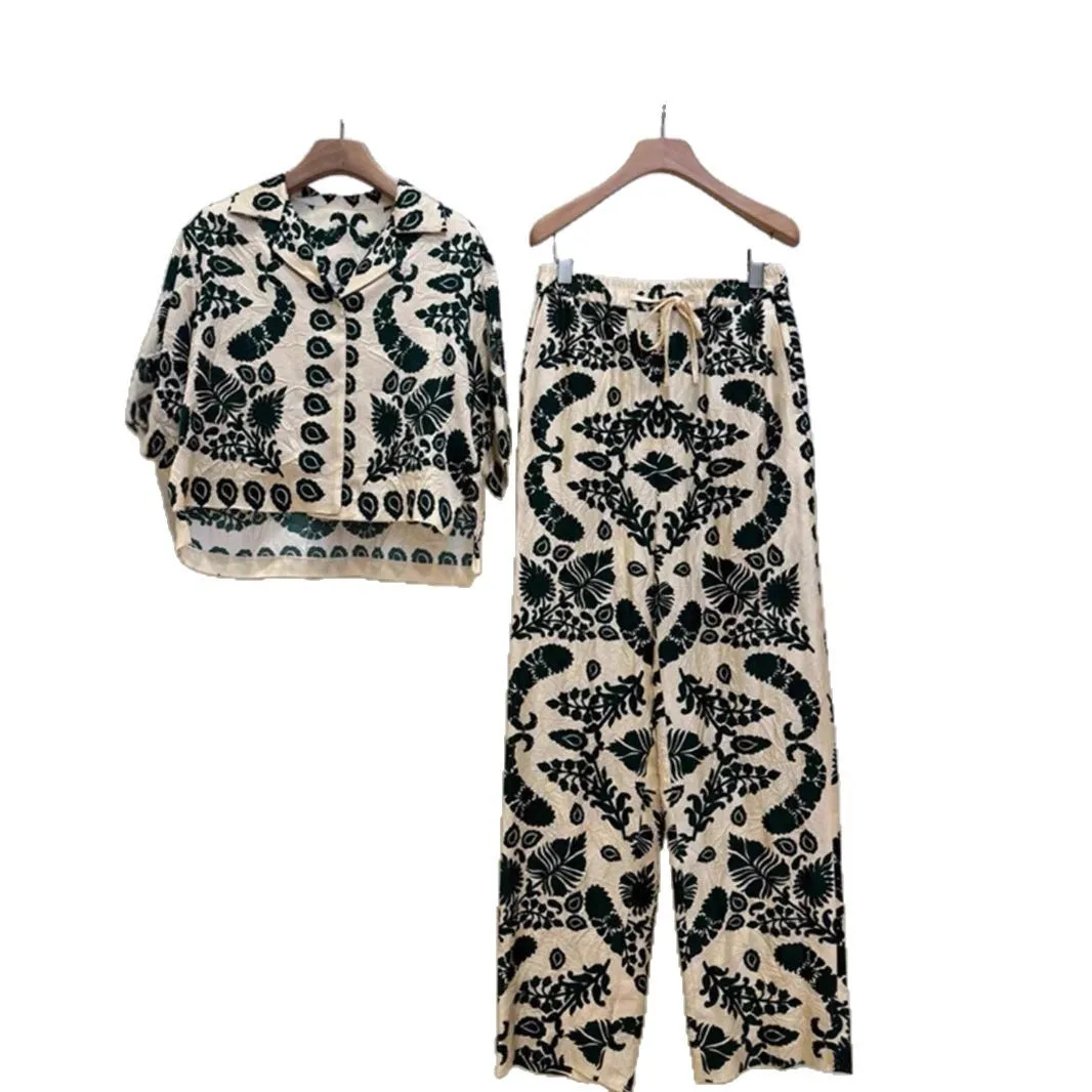 

Summer Paisley Print Women's Elastic Waist Long Pants + Notched Collar Single Breasted Short Sleeve Shirt