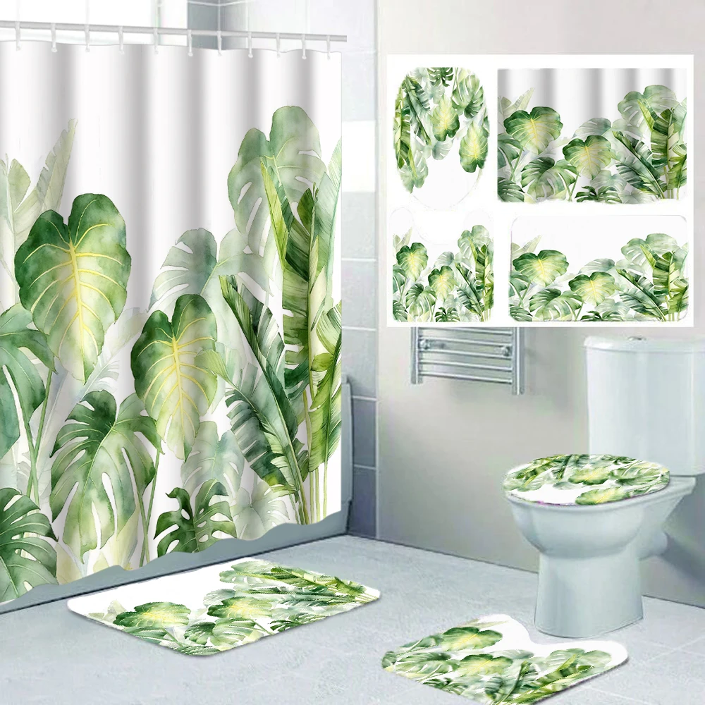 4/1 Duschvorhang-Set mit tropischen Blättern, WC-Sitzdekoration, Duschvorhang mit Teppich und WC-Deckel, Größe 70,8 x 70,8 Zoll