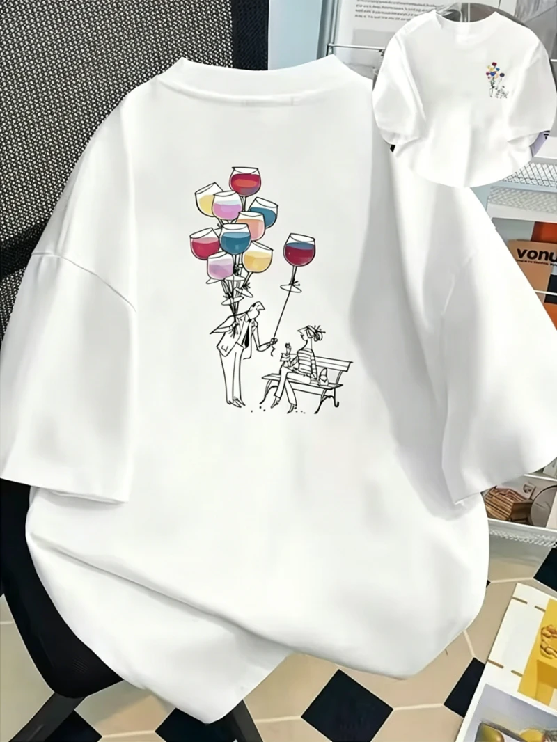 Novelty Wine Glass Balloon Print T-shirt Casual Couple Sketch Graphic Short Sleeve Round Neck Tops Loose Fit Daily Tee
