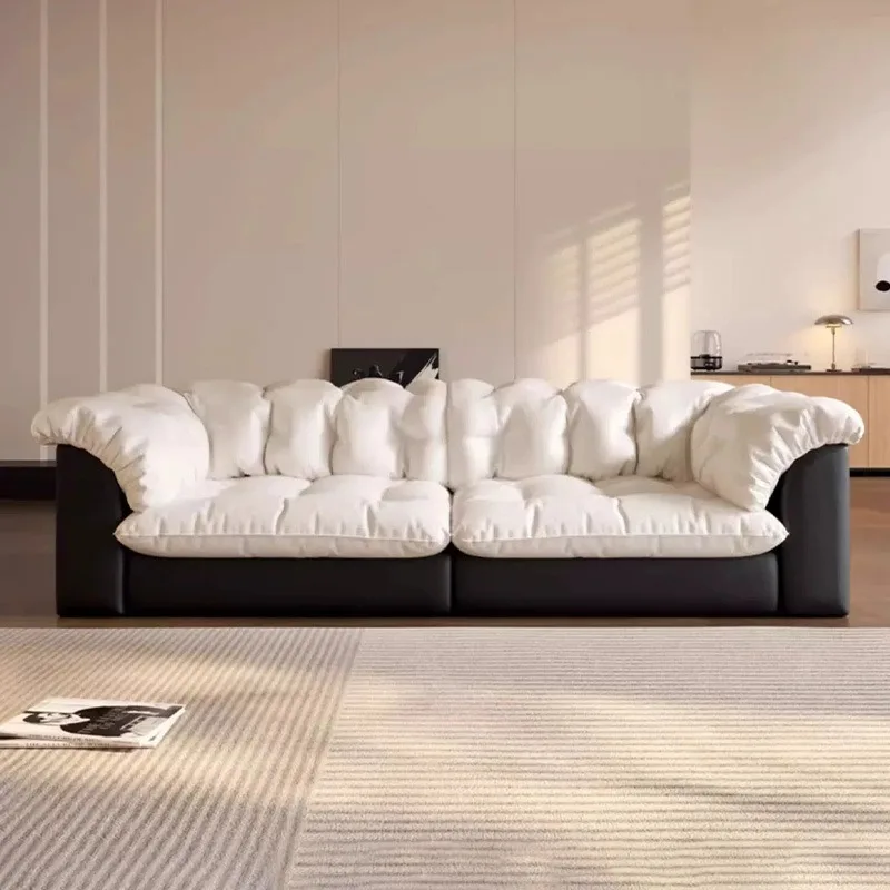 Camellia all-green leather sofa, top-grain cowhide vertical row French living room modern light luxury color-block cream-style