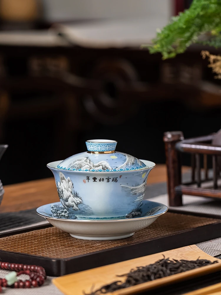 Handmade Jingdezhen Enamel Snow Scene Gaiwan Non-Scald Tea Brewing Bowl Household Porcelain Kung Fu Set Large Cup