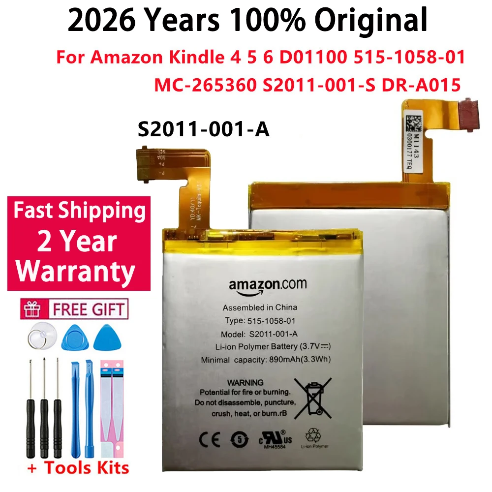 100% Original 890mAh Battery For Amazon Kindle 4 5 6 D01100 515-1058-01 MC-265360 S2011-001-S DR-A015 Replacement Phone Bateria