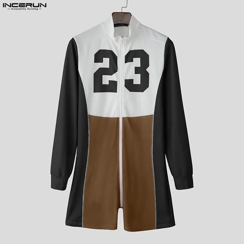 INCERUN الرجال داخلية الطباعة المرقعة اللون كتلة سستة طويلة الأكمام Playsuits الرجال السروال القصير الشارع الشهير تجريب ارتداءها غير رسمية