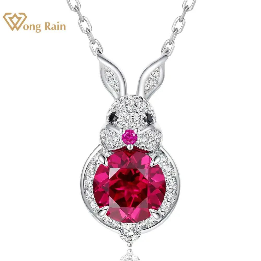 

Wong Rain 100% 925 Sterling Silver Round Cut 8MM Ruby Gemstone Rabbit Pendant Necklace for Women Fine Jewelry Gift Free Shipping