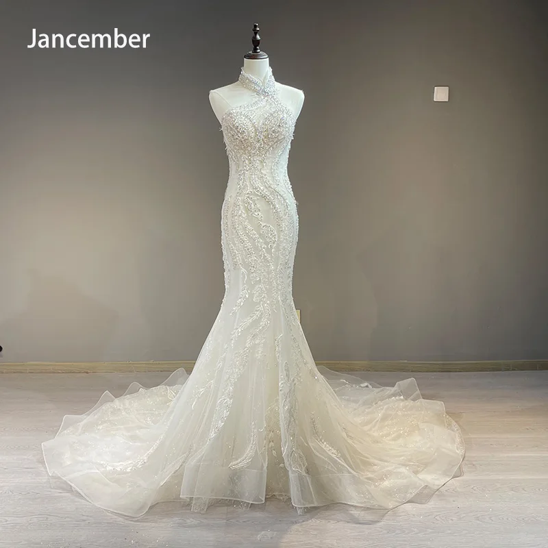 Jancember Mermaid Illusion Halter Sleeveless Button Beading Exquisite Romantic Wedding Dress Robe De Mariée 1004