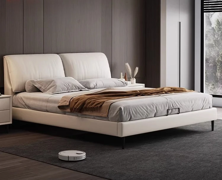

modern simple small yellow cowhide double bed master bedroom minimalist leather