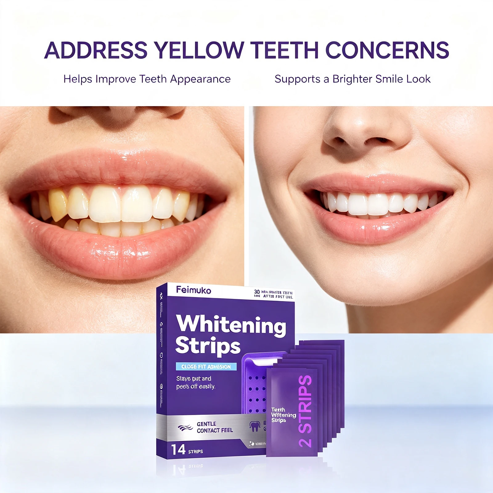 Purple Teeth Brightening Strips Surface Stain Removal Oral Care Gel For Cleaner Brighter Smile
