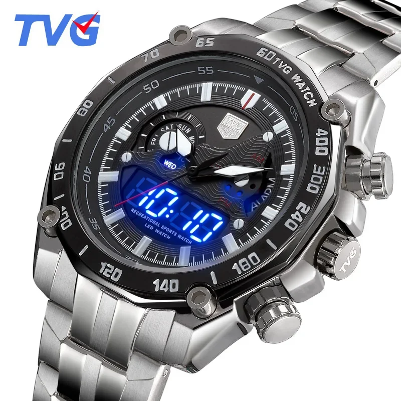 Men Watch Stainless Steel Japan Quartz Wirstwatch Dual Movement LED Display Sport Waterproof 5 BAR Military Male Clock TVG3168