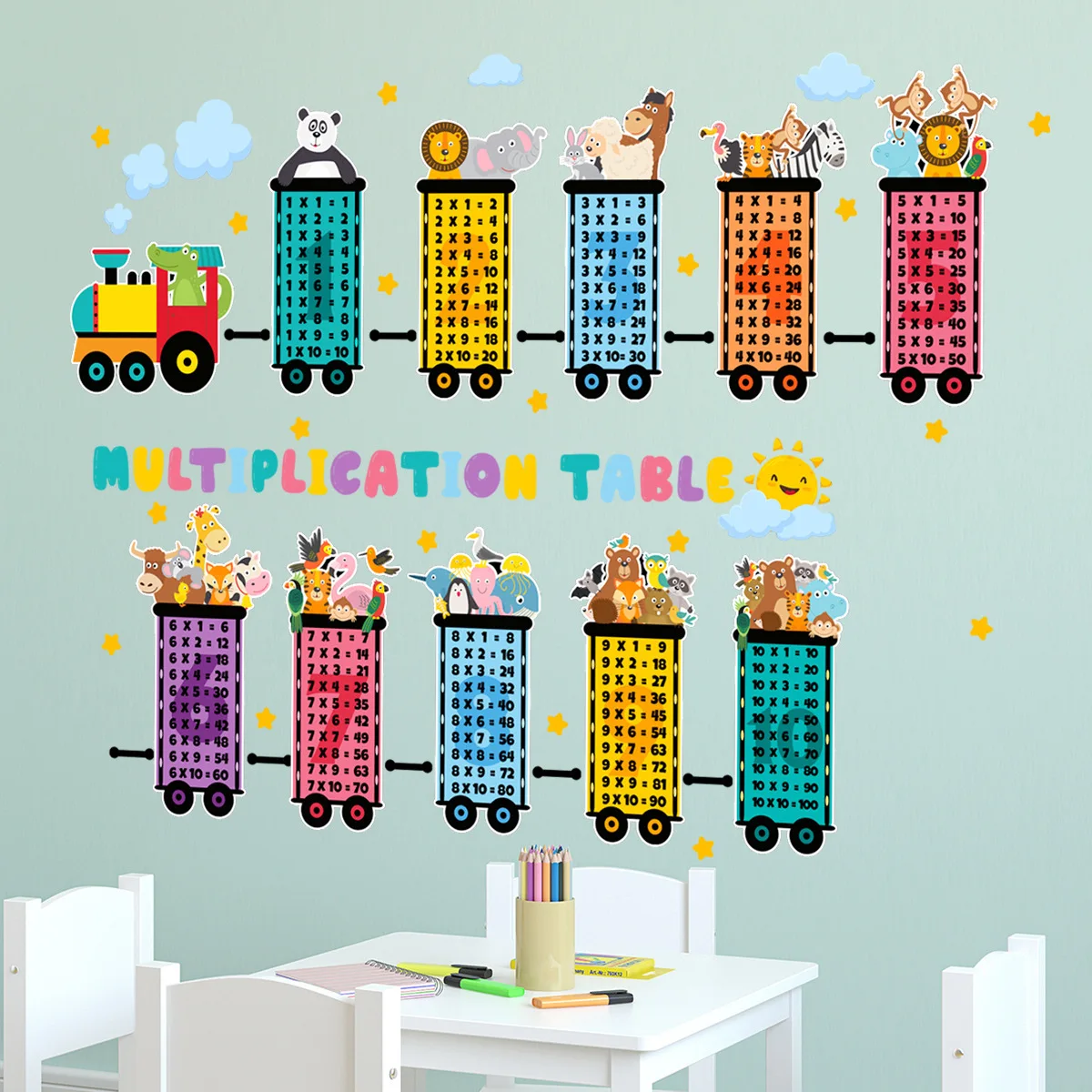 2pcs Small Train Animal Digital Multiplication Table Wall Stickers Living Room Children's Room Decorative Wall Stickers Bm4064