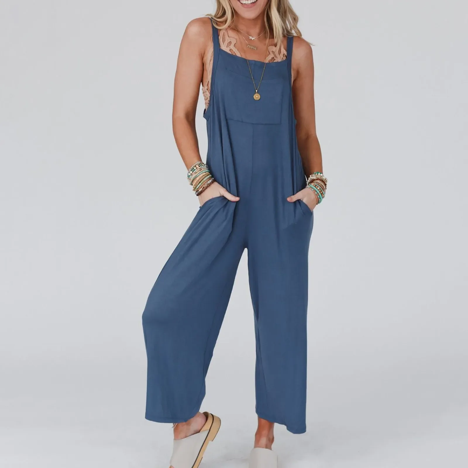 

Summer Vintage Jumpsuit Women 2023 Solid Color Wide Leg Pockets Overalls Loose Romper Womens Jumpsuits Monos Mujer Elegante