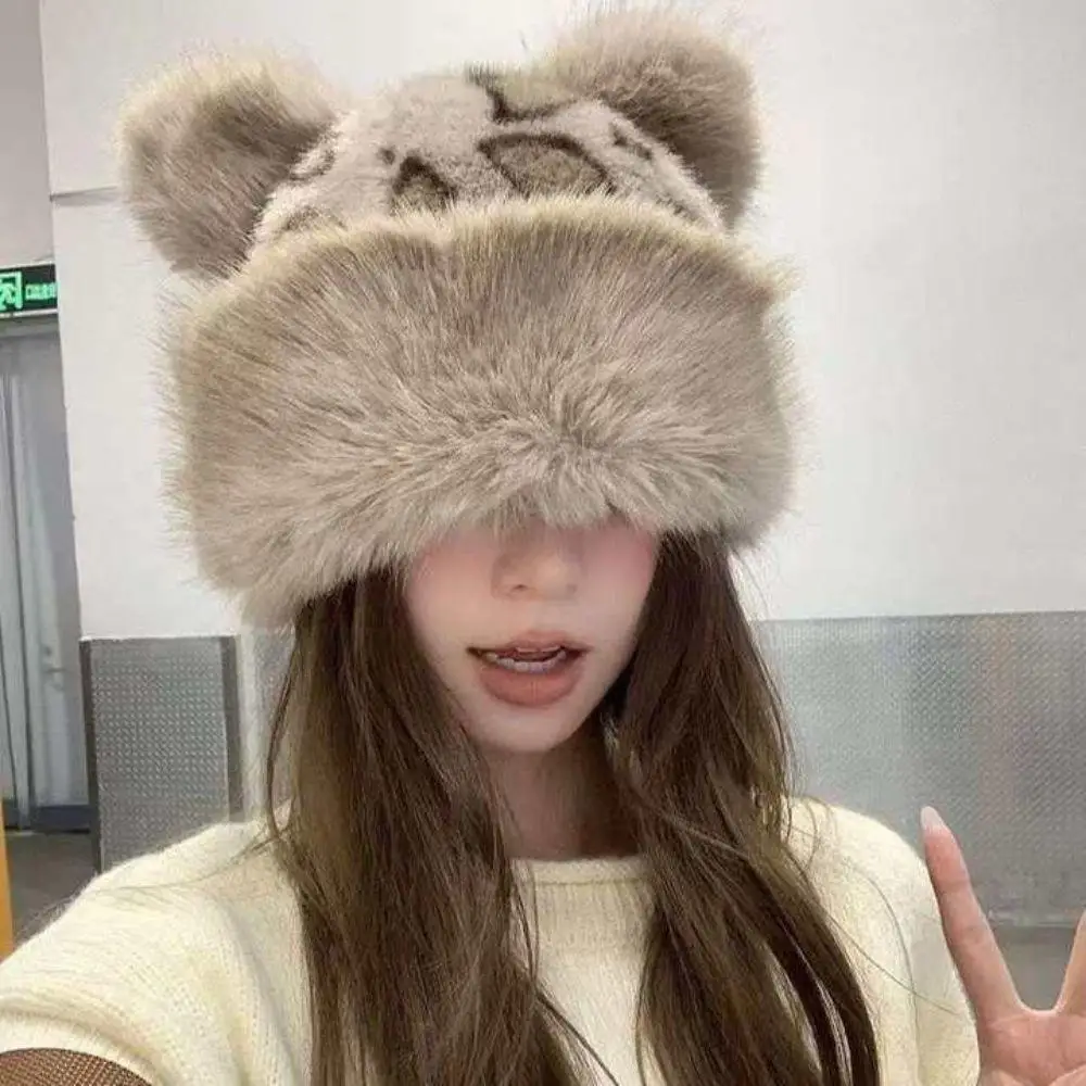 

Leopard Snow Ski Cap Fluffy Fur Bucket Hat For Women Plush Fisherman Hat Warm Women Winter Hat Thicken Cold Snowy Day Panama Cap