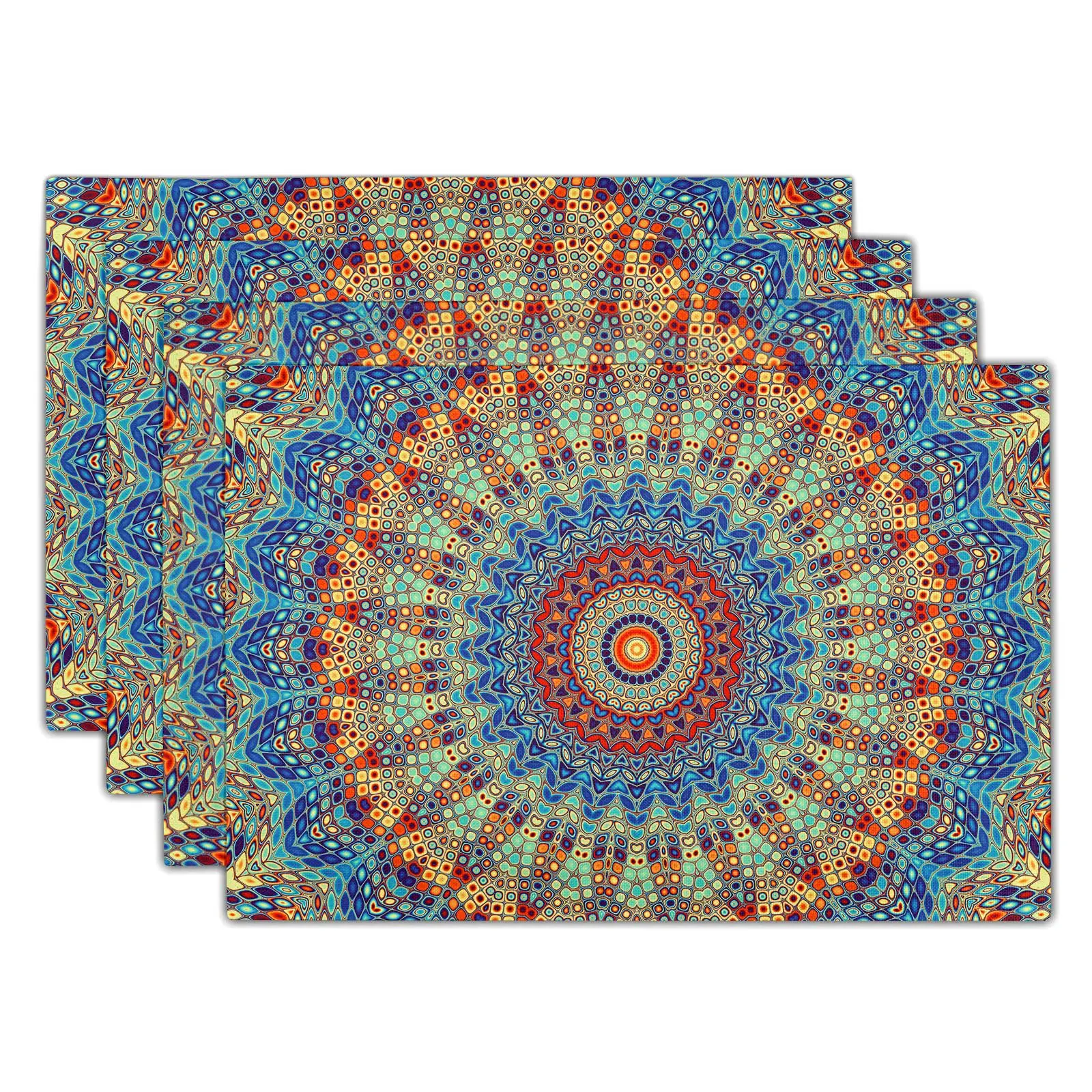 

Bohemian Mandala Placemats Set of 4,Colorful Boho Style Dining Mat, Rectangle Linen 12x18in Indian Floral Mandala Print Place Ma
