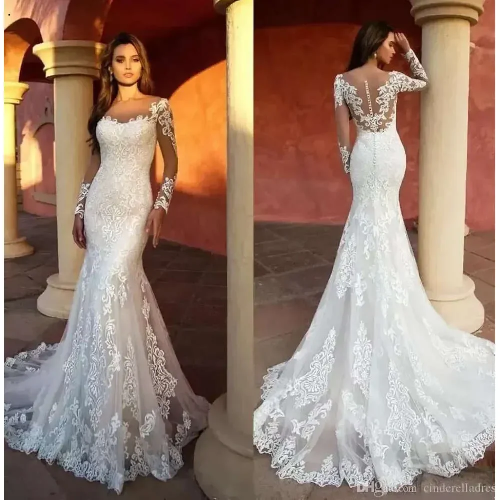 

Modern Mermaid Dresses D Appliqued Lace Sheer Neck Long Sleeve Bridal Gowns Illusion Wedding Dress Customized